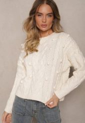 Jasnobeżowy Sweter z Wełną i Wiskozą Ozdobiony Tłoczeniem i Kulkami Vaiannae. Brązowe swetry klasyczne damskie Renee, na zimę, m, z wełny, bez kołnierzyka. Za 84.99 zł.