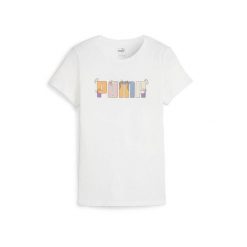 Koszulka damska PUMA ESS+ Graphic Tee. Białe bluzki damskie Puma, xs, bez wzorów, sportowe, bez kołnierzyka, bez ramiączek. Za 68.99 zł.