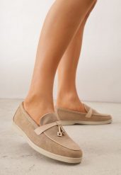 Ciemnobeżowe Mokasyny VICES z Imitacji Zamszu z Wkładką ze Skóry Naturalnej Dispova. Brązowe mokasyny damskie Renee, z jeansu, bez obcasa. Za 89.99 zł.