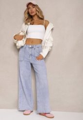 Niebieskie Szerokie Jeansy High Waist z Naszytymi Kieszeniami Zalittie. Niebieskie jeansy damskie Renee, bez wzorów, z jeansu. Za 89.99 zł.