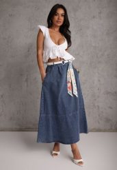 Granatowa Bawełniana Spódnica Jeansowa o Rozkloszowanym Kroju z Ozdobnym Paskiem Eatiane. Niebieskie spódnice damskie Renee, l, bez wzorów, z bawełny, klasyczne, midi. Za 179.99 zł.