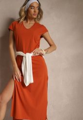 Pomarańczowa Sukienka z Bawełny o Pudełkowym Kroju i Dekolcie w V i Rozcięciami Natindra. Brązowe sukienki damskie Renee, bez wzorów, z bawełny, eleganckie, bez ramiączek. W wyprzedaży za 63.99 zł.