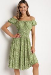 Jasnozielona Sukienka Hiszpanka z Elastyczną Gumką w Talii z Bawełny Oaias. Zielone sukienki damskie Born2be, bez wzorów, z bawełny, eleganckie, bez ramiączek. Za 59.99 zł.