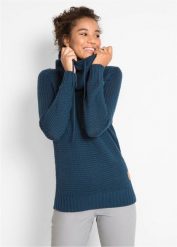 Sweter z golfem z troczkami. Niebieskie swetry klasyczne damskie bonprix, ze skóry, bez kołnierzyka. Za 124.99 zł.