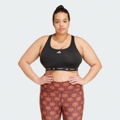 Biustonosz TECHFIT (Plus Size). Czarne biustonosze sportowe damskie Adidas, bez wzorów, z materiału. Za 179.00 zł.