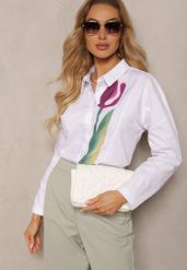 Biała Bawełniana Koszula z Printem w Kształcie Tulipana Aneida. Białe koszule damskie Renee, l, bez wzorów, z bawełny, biznesowe, bez kołnierzyka, bez ramiączek. Za 109.99 zł.