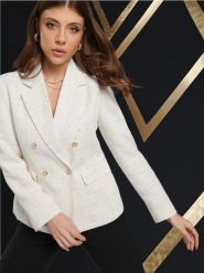 Marynarka dwurzędowa - kremowy. Białe marynarki i żakiety damskie Sinsay, l, bez wzorów, z bawełny, casualowe. Za 89.99 zł.