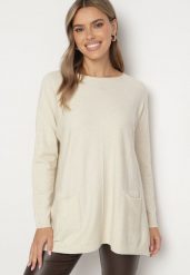 Jasnobeżowy Sweter z Wiskozą o Klasycznym Kroju z Kieszeniami i Rozcięciami Narista. Brązowe swetry klasyczne damskie Born2be, xl, z jeansu, bez kołnierzyka. Za 64.99 zł.
