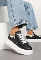 Czarne Sneakersy na Grubej Podeszwie Ozdobione Suwakiem Elearice. Czarne obuwie sportowe damskie Born2be, z jeansu, bez zapięcia. Za 99.99 zł.
