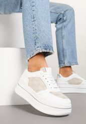 Białe Sneakersy Streetwearowe na Platformie Ninelis. Białe obuwie sportowe damskie Renee, z jeansu, bez zapięcia. Za 74.99 zł.