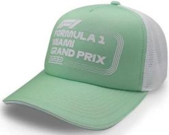 Czapka F1 Miami Grand Prix pistacjowo-pastelowa. Fioletowe czapki z daszkiem damskie Erima, na lato, bez wzorów, z materiału. Za 184.99 zł.