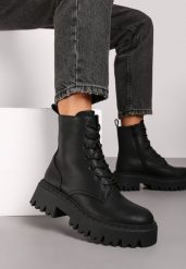 Czarne Sznurowane Botki na Platformie w Stylu Workerów Sairene. Czarne botki damskie Renee, z jeansu, eleganckie, bez obcasa, na platformie, bez zapięcia. Za 139.99 zł.