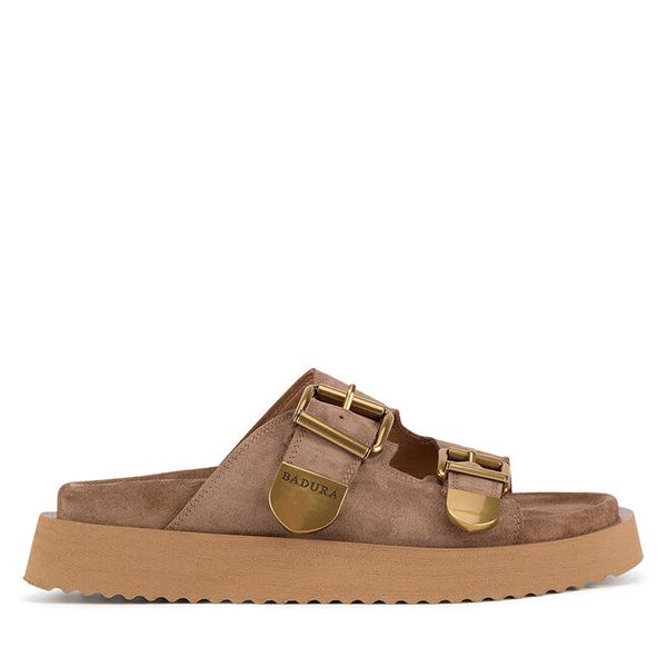 Klapki Badura. Brązowe klapki damskie Badura, bez wzorów, bez obcasa, bez zapięcia. Za 299.99 zł.