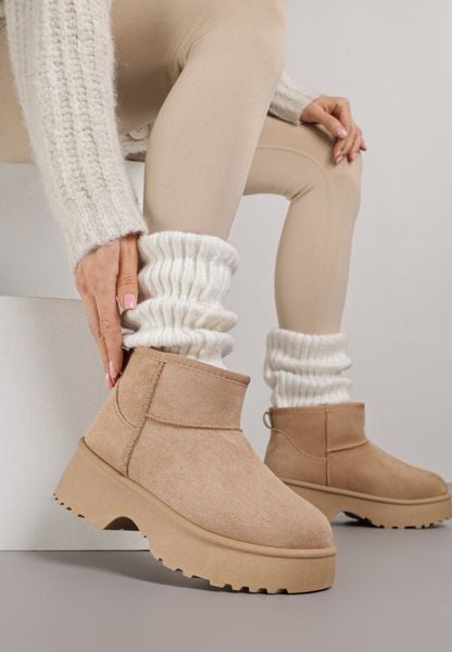 Ciemnobeżowe Wsuwane Śniegowce z Imitacji Zamszu na Grubej Podeszwie Zenore. Brązowe śniegowce damskie Born2be, z futra. Za 99.99 zł.