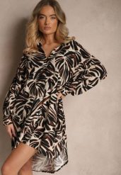 Czarna Koszulowa Sukienka z Wiskozy z Lnem i Liściastym Wzorem Kariona. Czarne sukienki damskie Renee, bez wzorów, z wiskozy, eleganckie, bez ramiączek. W wyprzedaży za 63.99 zł.