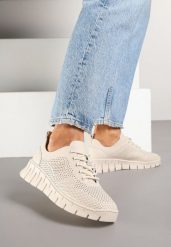 Beżowe Sneakersy ze Skóry Naturalnej ze Skórzaną Wkładką i Perforacją Nolzedis. Brązowe obuwie sportowe damskie Renee, z jeansu, bez zapięcia. Za 159.99 zł.