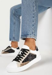 Biało-Czarne Kolorowe Sneakersy z Brokatową Wstawką i Sznurowaniem Livora. Białe obuwie sportowe damskie Born2be, bez zapięcia, tenisowe. Za 84.99 zł.