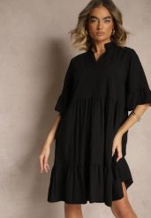 Czarna Rozkloszowana Sukienka z Wiskozą i Falbanami Eviranna. Czarne sukienki damskie Renee, bez wzorów, z wiskozy, eleganckie, bez ramiączek. W wyprzedaży za 50.99 zł.