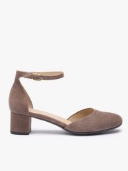 Szarobrązowe czółenka ze skóry welurowej. Szare czółenka damskie Ryłko, bez wzorów, ze skóry, z okrągłym noskiem, bez obcasa, na obcasie. Za 399.99 zł.