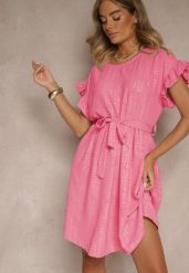 Fuksjowa Sukienka z Paskiem i Falbankami przy Rękawach Folunelle. Czerwone sukienki damskie Renee, bez wzorów, eleganckie, bez ramiączek. W wyprzedaży za 67.99 zł.