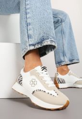 Beżowo-Białe Sneakersy Zdobione Haftem i Zeberkowymi Wstawkami Alinalla. Brązowe obuwie sportowe casual damskie Born2be, z jeansu, trekkingowe. Za 99.99 zł.