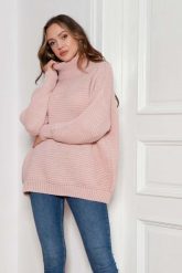 Oversizowy Sweter z Luźnym Golfem - Różowy. Czerwone golfy damskie Lanti, uniwersalny, z materiału, bez kołnierzyka. Za 249.90 zł.