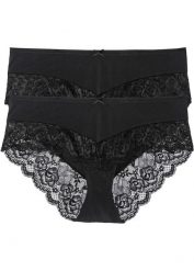 Figi panty (2 pary). Czarne figi bonprix, bez wzorów, z koronki. Za 64.99 zł.