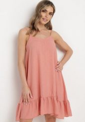 Ciemnoróżowa Rozkloszowana Sukienka na Ramiączkach Wiązana z Tyłu Naisa. Czerwone sukienki damskie Born2be, bez wzorów, eleganckie, bez ramiączek. Za 69.99 zł.