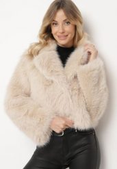 Beżowa Futerkowa Kurtka o Krótkim Kroju z Eleganckim Kołnierzem Tazamisa. Brązowe kurtki damskie Born2be, m, bez wzorów, z jeansu, bez kaptura. Za 199.99 zł.