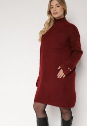 Bordowa Dzianinowa Sukienka z Półgolfem z Domieszką Wełny i Wiskozą Nesara. Czerwone sukienki damskie Born2be, bez wzorów, z dzianiny, bez ramiączek. Za 129.99 zł.