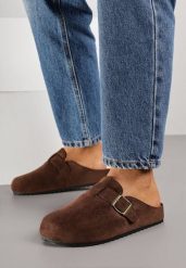 Ciemnobrązowe Klapki Typu Mule z Imitacji Zamszu z Paskiem z Klamerką Anevitta. Brązowe klapki damskie Born2be, bez wzorów, bez obcasa, na płaskiej podeszwie, bez zapięcia. Za 79.99 zł.