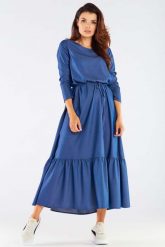 Maxi Sukienka z Długim Rękawem z Falbanką na Dole - Niebieska. Niebieskie sukienki damskie Awama, bez wzorów, z elastanu, wizytowe, bez ramiączek. Za 259.90 zł.
