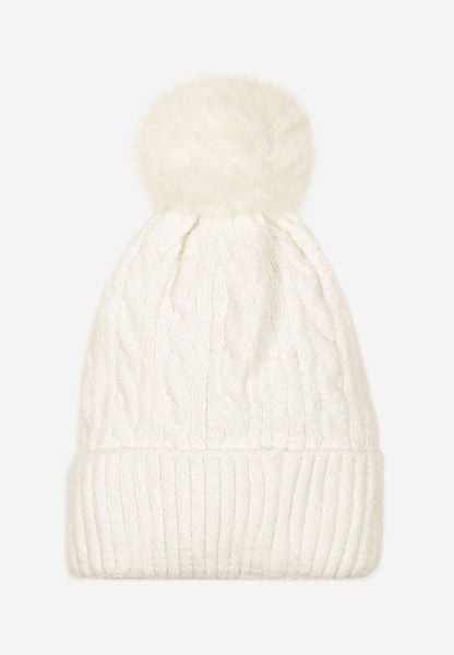 Beżowa Czapka w Ozdobny Warkoczowy Splot z Pomponem Emmilae. Brązowe czapki damskie Renee, bez wzorów, z dzianiny. Za 24.99 zł.