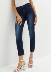 Dżinsy Slim Fit Mid Waist, cropped. Niebieskie jeansy damskie bonprix, bez wzorów, z jeansu. Za 84.99 zł.
