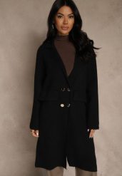 Czarny Płaszcz Dwurzędowy o Długim Kroju w Eleganckim Stylu Saratusa. Czarne płaszcze damskie Renee, bez wzorów, z jeansu, bez kaptura. Za 139.99 zł.