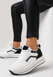 Biało-Czarne Sznurowane Sneakersy na Płaskiej Podeszwie Zdobione Brokatem Gerine. Białe obuwie sportowe damskie Born2be, z materiału, bez zapięcia. Za 99.99 zł.