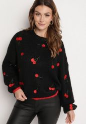 Czarny Sweter z Domieszką Wełny z Motywem Wisienek Sintovia. Czarne swetry klasyczne damskie Born2be, l, z wełny, bez kołnierzyka. Za 149.99 zł.