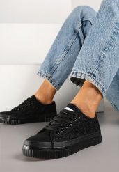 Czarne Klasyczne Trampki z Cholewką z Haftem Meppane. Czarne trampki damskie Renee, z aplikacjami, z jeansu, bez zapięcia. Za 74.99 zł.