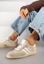 Beżowe Sneakersy Skórzane z Ozdobnymi Paskami Naniella. Brązowe obuwie sportowe damskie Renee, z jeansu, bez zapięcia. Za 159.99 zł.