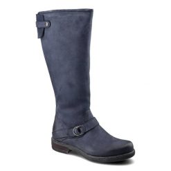 Granatowe Kozaki Simen Damskie Wygodne Obuwie. Niebieskie kozaki damskie Simen, na zimę, z nubiku, przed kolano, bez obcasa, bez zapięcia. Za 399.00 zł.