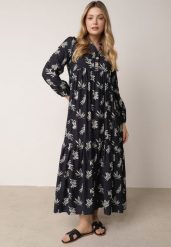 Niebieska Rozkloszowana Sukienka z Wiskozy z Dekoltem na Guziki Watesa. Niebieskie sukienki damskie Born2be, bez wzorów, z materiału, boho, bez ramiączek. Za 129.99 zł.