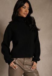 Czarny Golf Ozdobiony Ściągaczami Wedena. Czarne golfy damskie Renee, l, bez wzorów, z jeansu, bez ramiączek. Za 79.99 zł.