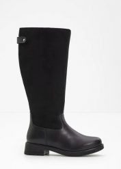 Kozaki z szeroką cholewką. Czarne kozaki damskie bonprix, z materiału, bez obcasa, bez zapięcia. Za 199.99 zł.
