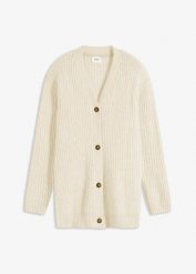 Gruby sweter rozpinany z miękkiej mieszanki wełny. Białe kardigany damskie bonprix, bez wzorów, z wełny. Za 124.99 zł.