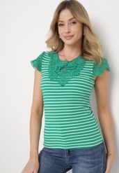 Zielony Bawełniany T-shirt w Paski z Koronkowymi Wstawkami Idamarie. Zielone t-shirty damskie Born2be, m, bez wzorów, z bawełny, bez kołnierzyka. Za 39.99 zł.