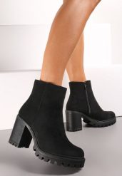 Czarne Klasyczne Botki na Słupku i Niskiej Platformie Niaves. Czarne botki damskie Renee, eleganckie, bez obcasa, na obcasie, bez zapięcia. Za 99.99 zł.