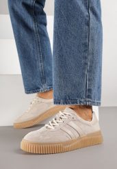 Beżowe Zamszowe Sneakersy Typu Tenisówki ze Skórzaną Wkładką Ozdobione Paskami Melissele. Brązowe obuwie sportowe damskie Born2be, z jeansu, bez zapięcia, tenisowe. Za 189.99 zł.