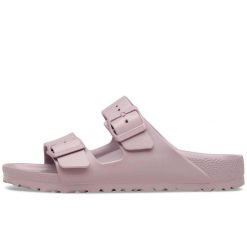 Klapki Birkenstock Arizona Eva Damskie. Fioletowe klapki damskie Birkenstock, bez wzorów, z materiału, bez obcasa, bez zapięcia. Za 272.30 zł.