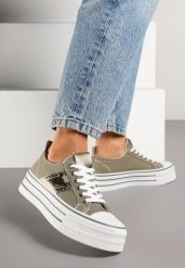 Zielone Trampki na Grubej Podeszwie z Metaliczną Wstawką Telarella. Zielone trampki damskie Born2be, bez wzorów, z jeansu, bez zapięcia. Za 84.99 zł.