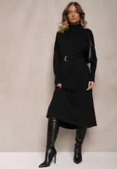Czarna Pudełkowa Sukienka Sweterkowa z Wiskozą i Golfem Rinnine. Czarne sukienki damskie Renee, bez wzorów, z wiskozy, eleganckie, bez ramiączek. Za 84.99 zł.